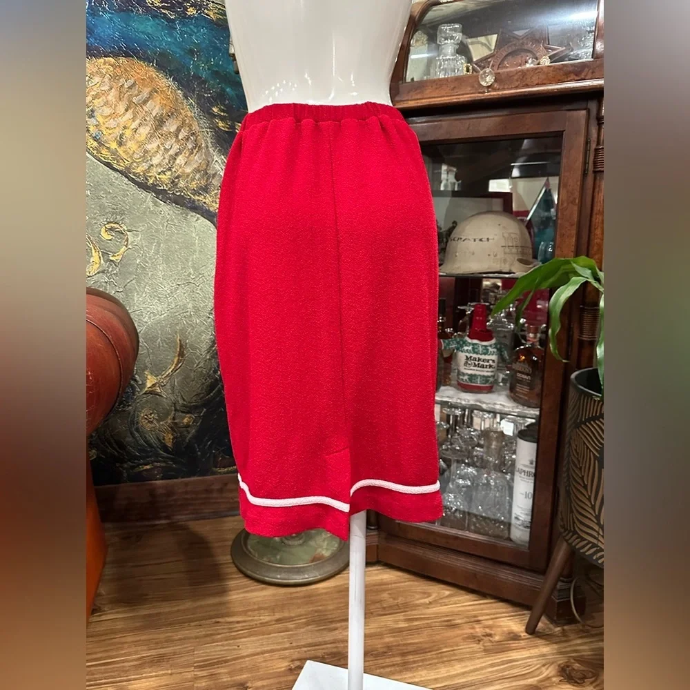 Vintage 60s 70s Red Terry Cloth Pencil Skirt White Piping Mod Retro Midi S/M